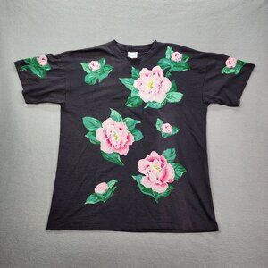 Vintage Decosport T Shirt Women's One Size Black Floral Painted Short Sleeve Top